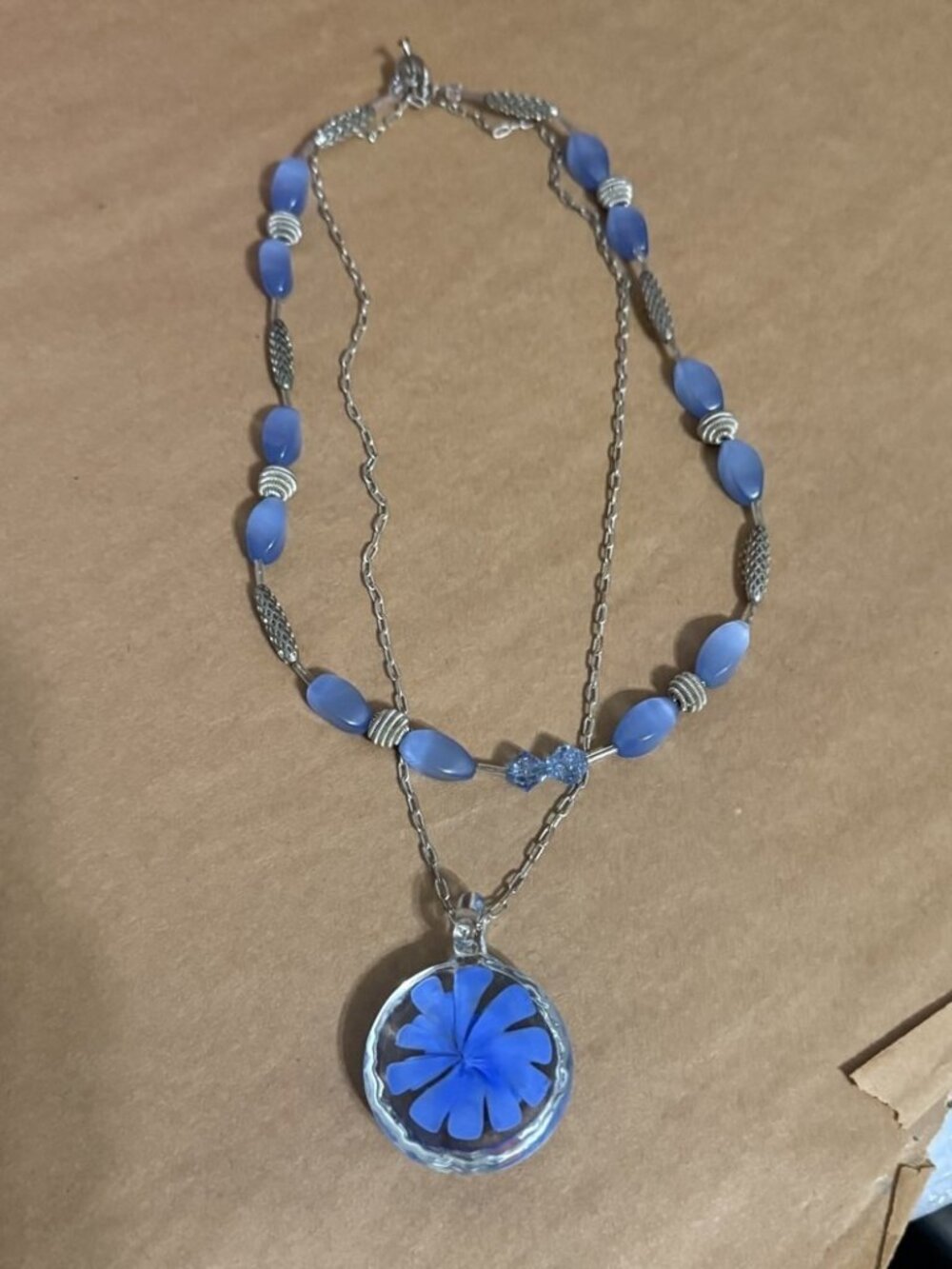 Vintage Necklace Lampwork Pendant Blue Clear Flower Double Strand